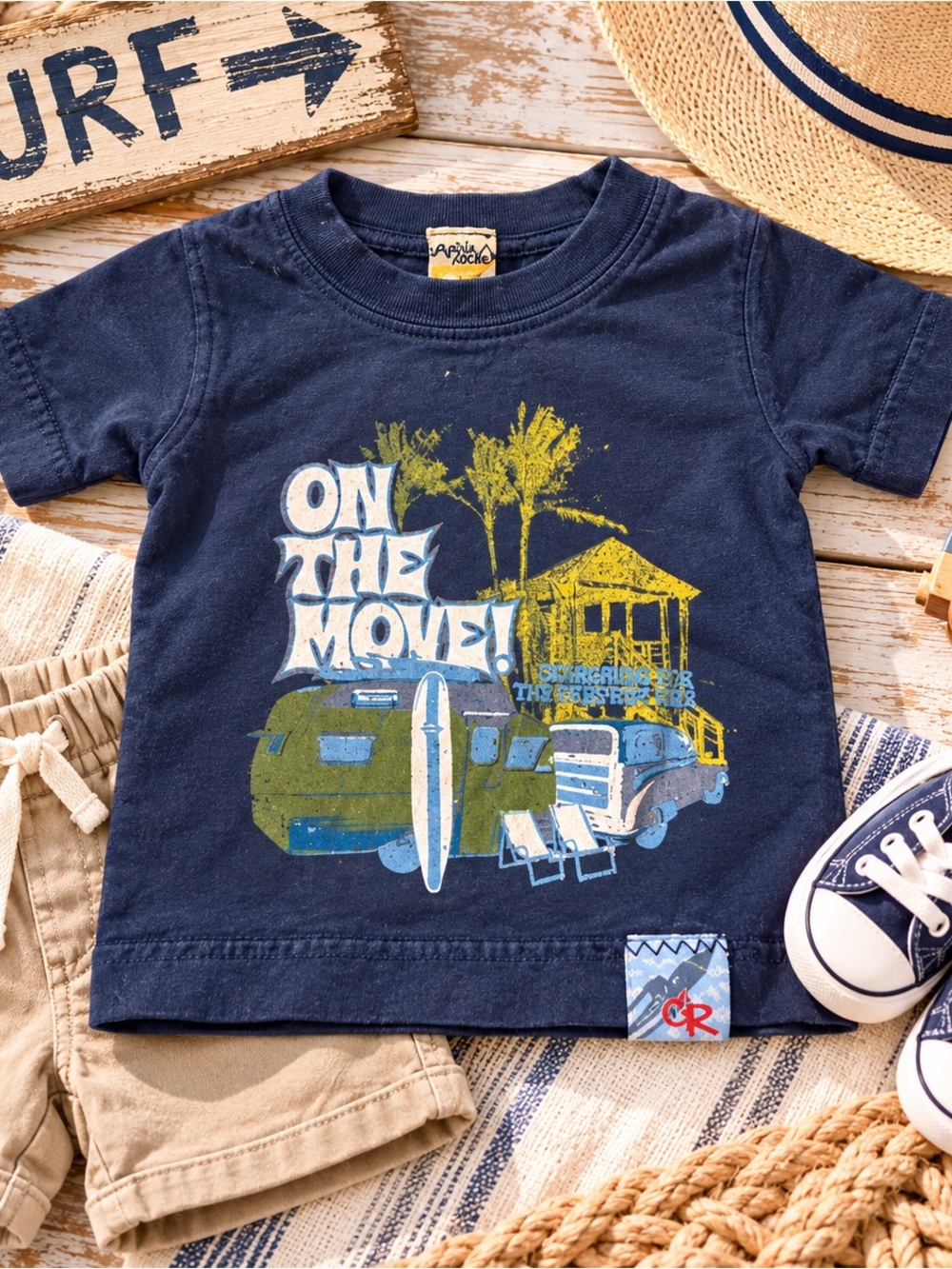Charlie Rocket Baby Boy 0-3M Blue Surf Camper Graphic T-Shirt Retro